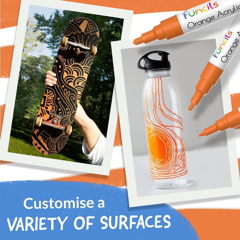 Funcils 5 Orange Paint Pens - Extra Fine Tip, Thin & Jumbo (1mm, 3mm, 6mm, 10mm, 15mm) - Acrylic Orange Paint Marker for Metal, Fabric Pen, Plastic, Canvas, Wood, Rock Painting - Water-based Ink - Image 5